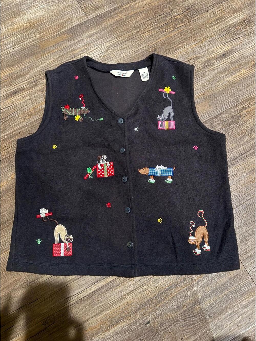 Vtg Bechamel Ugly Christmas Sweater Vest 90s Crazy Dogs Cats Presents Sz M